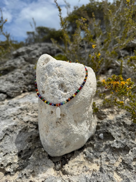 Rainbow Agate & Carved Mother of Pearl Fish 16 in Necklace