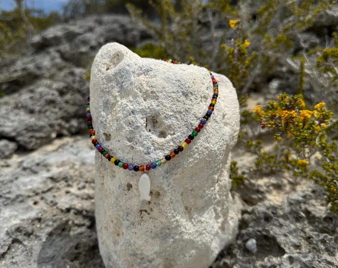 Rainbow Agate & Carved Mother of Pearl Fish 16 in Necklace
