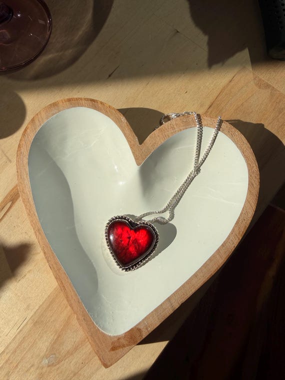 Red Labradorite Heart Necklace • Sterling Silver Beaded Pendant, 18 Inch