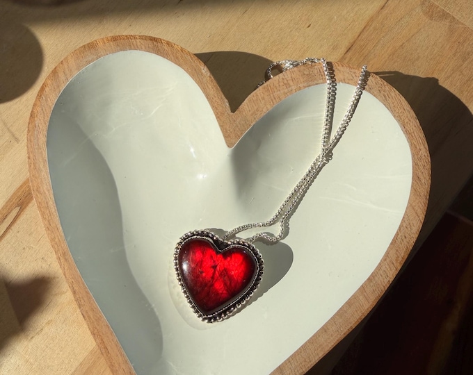 Red Labradorite Heart Necklace • One of a Kind Sterling Silver • Beaded Heart Pendant • Handmade 18 Inch Necklace