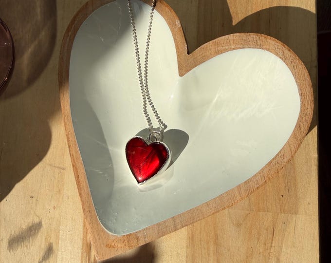 Red Labradorite Heart Necklace • One of a Kind Sterling Silver • Handmade 20 Inch Silver Necklace • Heart Gemstone Pendant