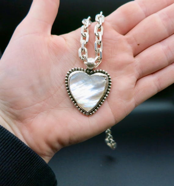 Sterling Silver Mother of Pearl Heart Necklace | Chunky Chain