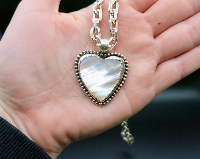 Sterling Silver Mother of Pearl Heart Necklace | Chunky Chain