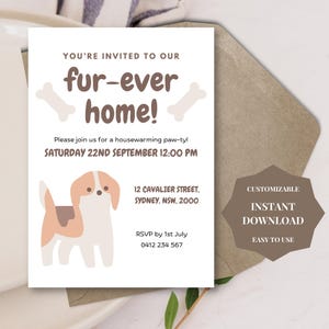 Modelo de convite para festa de inauguração de casa, modelo com tema de Beagle, lar definitivo, cartão para amantes de cães, convite digital para inauguração de casa
