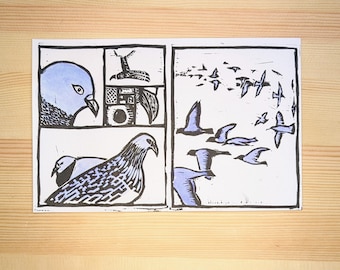 May include: A black and white linocut print depicting birds in flight and detailed bird portraits. The artwork is divided into four sections, with blue accents on the birds. The print is on a white rectangular paper.
