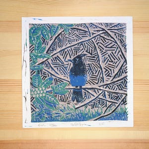 Stellar&#39;s Jay - Reduction Linocut Print