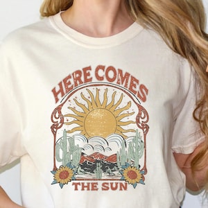 Here Comes The Sun Comfort Colors® T-Shirt, Boho Summer T-Shirt, Here Comes The Sun Vintage Style Retro 60s Summer T-Shirt, Summer Gift Tee