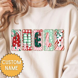 Custom Name Christmas Sweatshirt, Personalized Patchwork Letter Sweater, Holiday Name Sweatshirt, Custom Gift for Her, Christmas Sweater