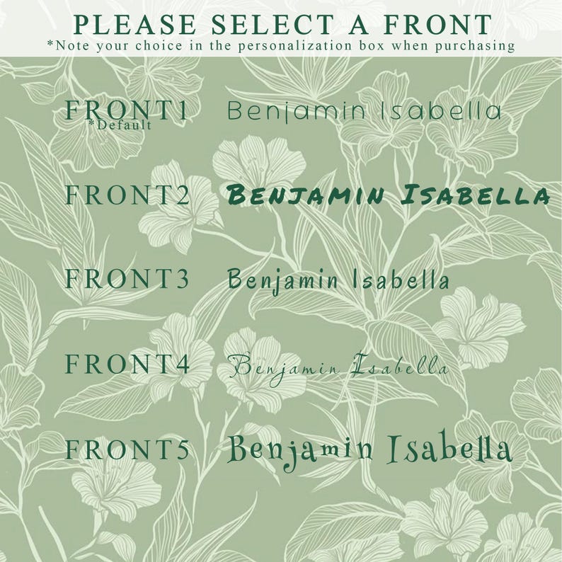 May include: Five different design options for a personalized gift. The options are labeled "FRONT1", "FRONT2", "FRONT3", "FRONT4", and "FRONT5". Each option features the names "Benjamin" and "Isabella" in a decorative font.