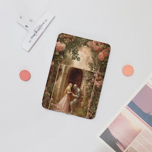 May include: A vintage illustration depicting a knight and a woman in a garden setting. The knight is kneeling and the woman is standing, both with their hands clasped together. The background features a lush garden with flowers and trees.