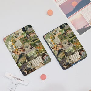 May include: Two phone cases with a collage design featuring floral elements, vintage book pages, and illustrations. The cases have a romantic, antique aesthetic with the words "Most ardently" visible. One case has a black border, the other has a white border.