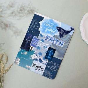 Peut inclure: Un collage d'images bleues et blanches avec des citations inspirantes et des versets bibliques. Le collage comprend une baleine, une croix, des vagues et des fleurs. Le texte comprend "Celui qui a promis est fidèle", "Marche en accord avec l'esprit", "L'Éternel est mon berger, je ne manquerai de rien", et "Les cieux racontent la gloire de Dieu".