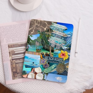 May include: A collage of images featuring a beach scene with a blue and white boat, a sea turtle, a coconut, and a sign that reads "Beach House Feel the Breeze, Relax and Stay a While". The collage also includes images of a seahorse, a sign that reads "Jesolo is charming", and a sign that reads "Home Heart".