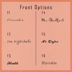 May include: A chart with six different font styles labeled F1 through F6. Each font style is shown with a sample text. The font styles are Corinthia, Jim Nightshade, Moll, Mr Bedfort, Mr Dafoe, and Twinkle.