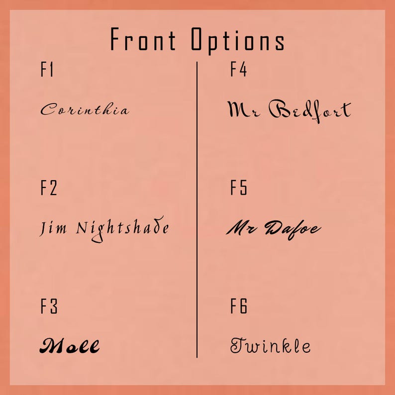 May include: A chart with six different font styles labeled F1 through F6. Each font style is shown with a sample text. The font styles are Corinthia, Jim Nightshade, Moll, Mr Bedfort, Mr Dafoe, and Twinkle.