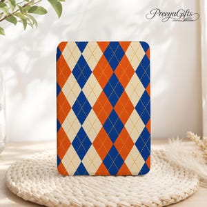 Custom Orange Blue Argyle Diamonds Kindle Cover, Kindle Paperwhite 12th 7", 11th 6.8", Auto Wake/Sleep, With Hand Strap, Gifts for Bookworms