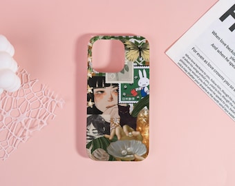 Custom Phone Case:Green Collage Miffy Cat Custom Hard Phone Case for iPhone 17 16 15 14 13 Pro Max 2025 Name iPhone Case Personalized Gifts