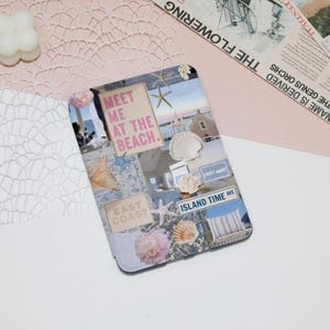 May include: A collage of images with a beach theme. The collage includes a seashell, a starfish, a sign that says "Meet me at the beach", a sign that says "East Coast", and a sign that says "Island Time Ave".