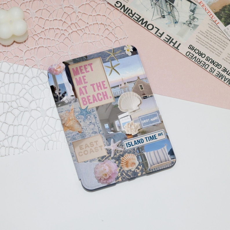 May include: A collage of images with a beach theme. The collage includes a seashell, a starfish, a sign that says "Meet me at the beach", a sign that says "East Coast", and a sign that says "Island Time Ave".
