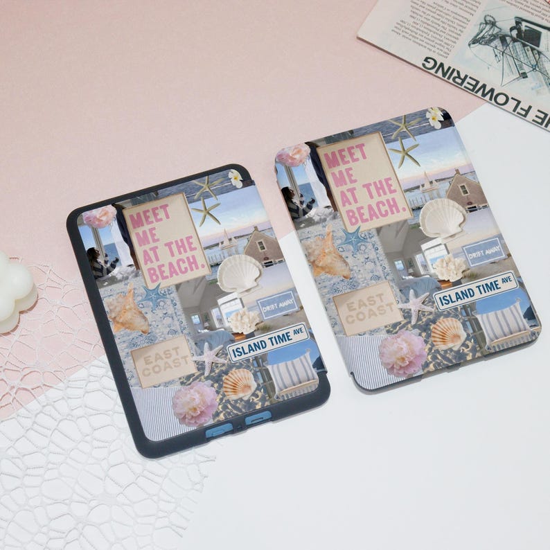 May include: Two black e-reader cases with a collage of summer-themed images. The images include seashells, starfish, a beach house, and the text "Meet me at the beach." and "East Coast".