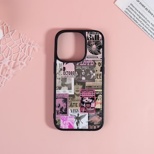 May include: Black iPhone case with a collage of vintage concert posters in pink, black, and white. The case features bands like Nirvana, Velvet Underground, and Pink Floyd. The case has a black border.
