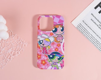 Personalized Phone Case:Powerpuff Girls Floral Custom Hard Phone Case for iPhone 17 16 15 14 13 Pro Max Name iPhone Case Personalized Gifts