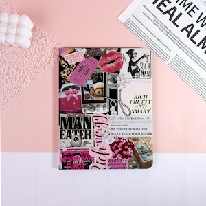 May include: A collage-style design featuring various images and text elements. The design includes a pink car, red lips, a pearl necklace, and the phrases "RICH PRETTY AND SMART" and "MAN EATER". The background is a light pink.