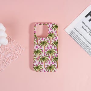 Custom Phone Case:Pink Palm Tree Pattern Custom Hard Phone Case for iPhone 17 16 15 14 13 12 Pro Max 2025 Name iPhone Case Personalized Gift