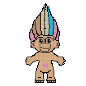 Puede incluir: Ilustración pixelada de una muñeca Troll con un peinado puntiagudo y colorido. La muñeca tiene un cuerpo bronceado, orejas rosas y un pequeño parche rosa en el estómago. El cabello presenta tonos de marrón, verde, azul y rosa.