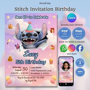 Stitch Invitation Birthday Template | Editable Kids Invite (Mobile, Printable & Bonus Video) | Cute Canva Design for Kids Birthday Party