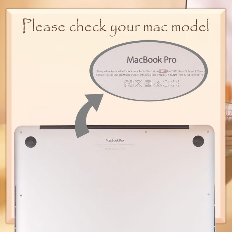 Pu&ograve; includere: Un laptop MacBook Pro argentato con la scritta "MacBook Pro" in basso. L'immagine include il testo "Please check your mac model" e una freccia che punta a un'etichetta con specifiche tecniche.