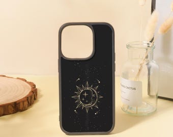 Custom Sun And Moon Pattern Black iPhone Case for iPhone 15 14 13 12 11/Pro Max Mini 7 8 XR XS X Shockproof Phone Cover with Custom Name
