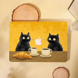 Custom Vintage Yellow Black Cat Coffee Pattern MacBook Case Cover for Air 13 15 Mac M4