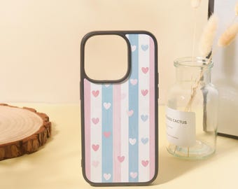 Custom Pink Blue Heart Stripes Style iPhone Case for iPhone 15 14 13 12 11/Pro Max Mini 7 8 XR XS X Shockproof Phone Cover with Custom Name