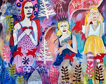 Colorful Large Canvas Painting Original Figurative Outsider Art Childlike Picture Fish Love Artwork by Jamie Hudrlik