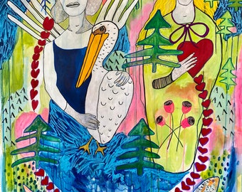 Original Colorful Wall Art Beautiful Magical Whimsical Large Acrylic Canvas Painting: Girls, Pelican & Hearts - Jamie Hudrlik