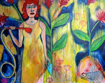 Large Figurative Acrylic Painting: Garden Girl with Chickens original Colorful Artwork