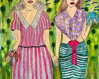 Masquerade: Large Colorful Acrylic Painting, Two Girls with Birds Jamie Hudrlik Original Women Artwork