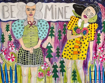 Large Colorful Canvas Painting: Surreal Naive Girls Artwork - Jamie Hudrlik