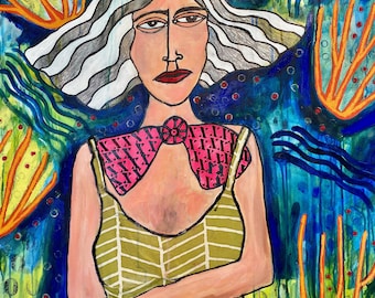 Original Large Girl Portrait Painting: Underwater Coral Reef Acrylic Art Jamie Hudrlik