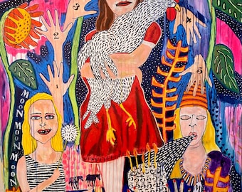 Visions of Florence: Large Colorful Expressionist Oil Painting Childlike Birthday Party Dreams Jamie Hudrlik