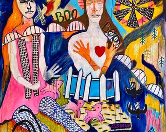 Colorful Horse Oil Painting: Large Original Art, Circus Fire Theme Artwork, Emotional Outsider Art Jamie Hudrlik