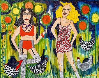 Large Surreal Sunflower Painting: Naive Art on Canvas by Jamie Hudrlik