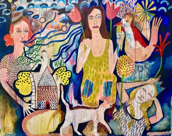 Large Oil Painting: Surreal Figurative Art on Canvas Original Colorful Painting Women Cat Folk Art Jamie Hudrlik