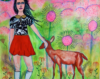 Grand tableau technique mixte : fille et cerf, toile d'art folklorique, chevreuil, tournesols, tableau de Jamie Hudrlik