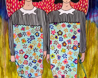Twins, original large acrylic canvas painting colorful artwork wall hanging two girls with flowers figurative portraits Jamie hudrlik