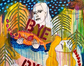 Original Large Canvas Painting: Figurative Outsider Art by Jamie Hudrlik Fish Cats Memory Painting Oil Crayons Patterns