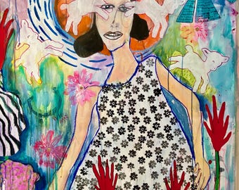 Whimsical Female Figure Painting, Colorful Childlike Expressionist Art