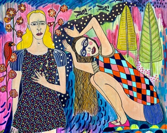Large Surreal Canvas Painting: NeverLand Circus Girls Storybook Art Jamie Hudrlik Collage Artwork Childlike Folk Art Outsider