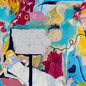 Original Acrylic Painting: Iowa Map, Figurative Surreal Folk Art Jamie Hudrlik Collage Artwork